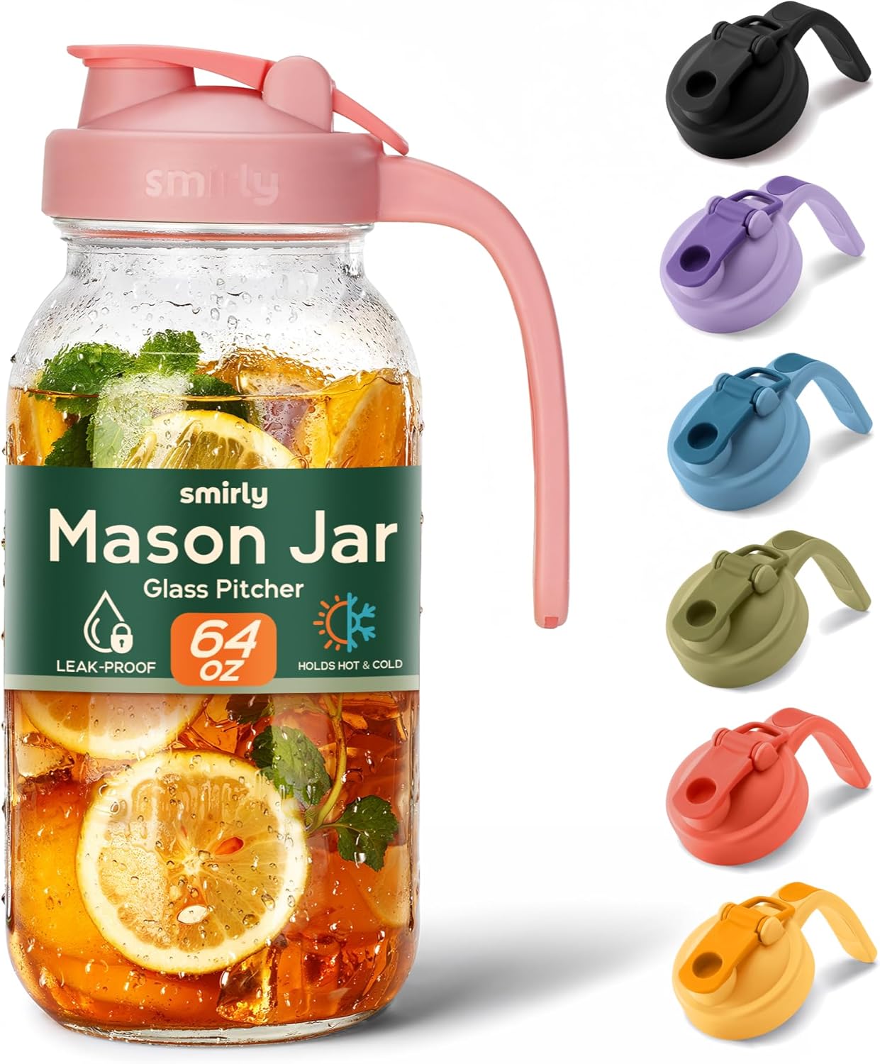 SMIRLY 64 oz Mason Jar Pitcher,Glass Pitcher with Wide Mouth,Water Jug with Double Leak Proof Lid for Iced Coffee,Hot Water,Breast Milk