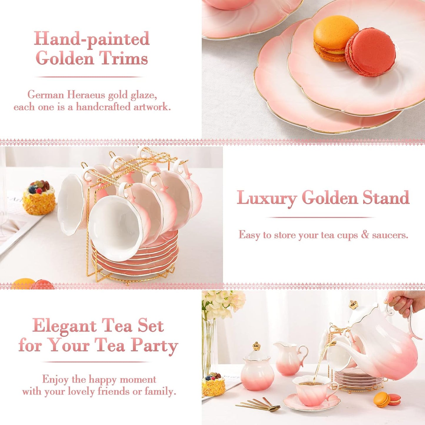 DUJUST 22 pcs Porcelain Tea Set for 6, Luxury British Style Tea/Coffee Cup Set with Golden Trim, Beautiful Tea Set for Women, Tea Party Set, Gift Package (With a Stand) - Gradient Pink