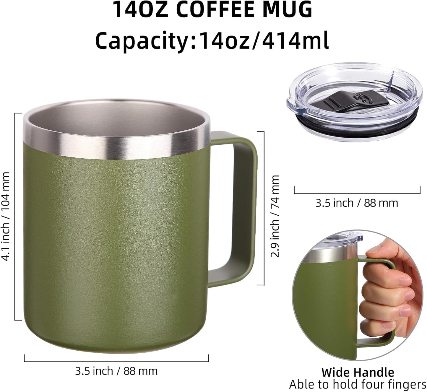 Volhoply 14oz Insulated Stainless Steel Coffee Mug with Lid Bulk 8 Pack,Double Wall Vacuum Travel Coffee Cup with Handle,Reusable Cups Tumbler,Camping Mugs Keep Hot, Ideal Gifts(Army Green,8)