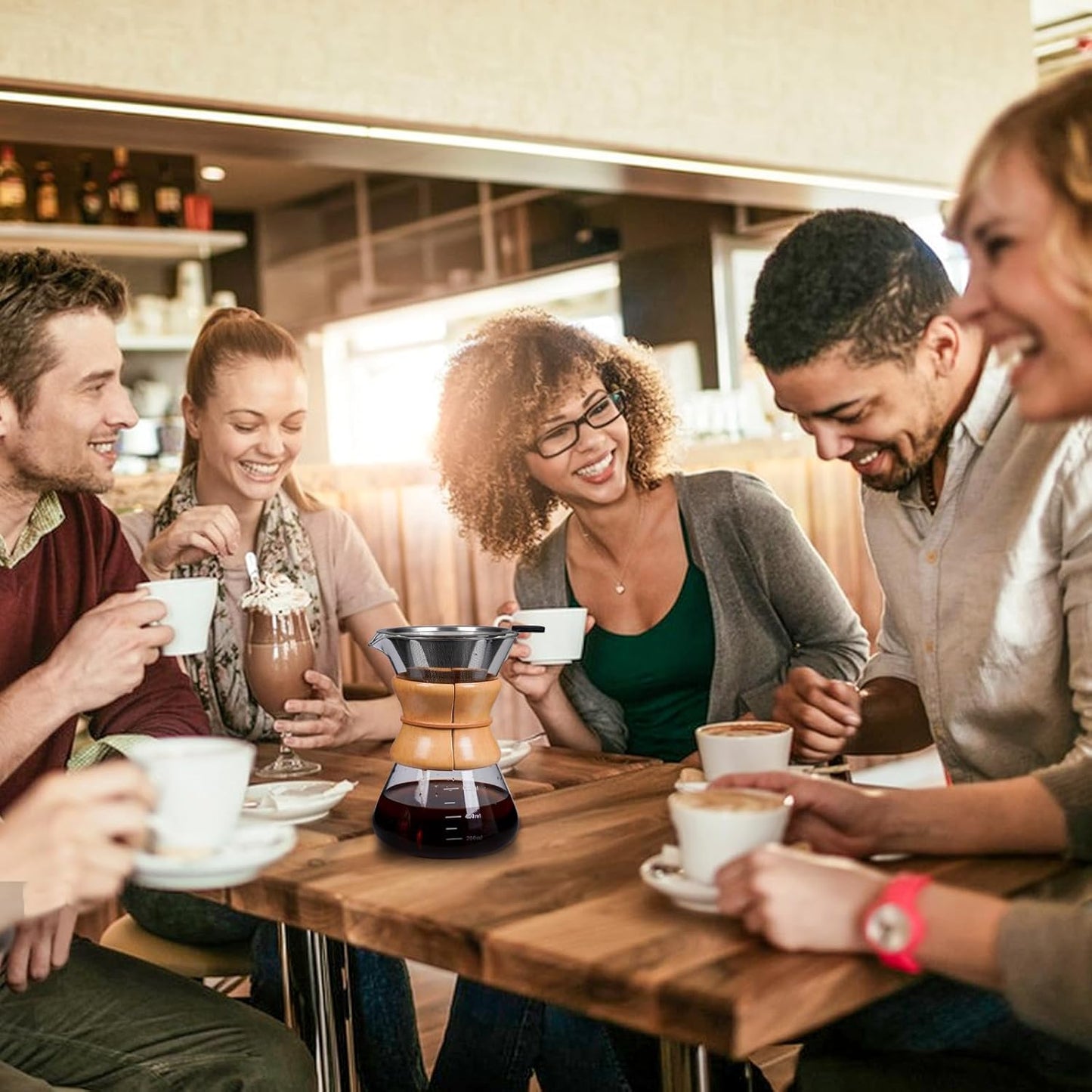 Pour Over Coffee Maker with Reusable Stainless Steel Drip Filter, Lead-Free Borosilicate Glass Coffee Carafe with Modern Wooden Collar for 1-2Cup, Circular Clear (400ml/13.5oz)