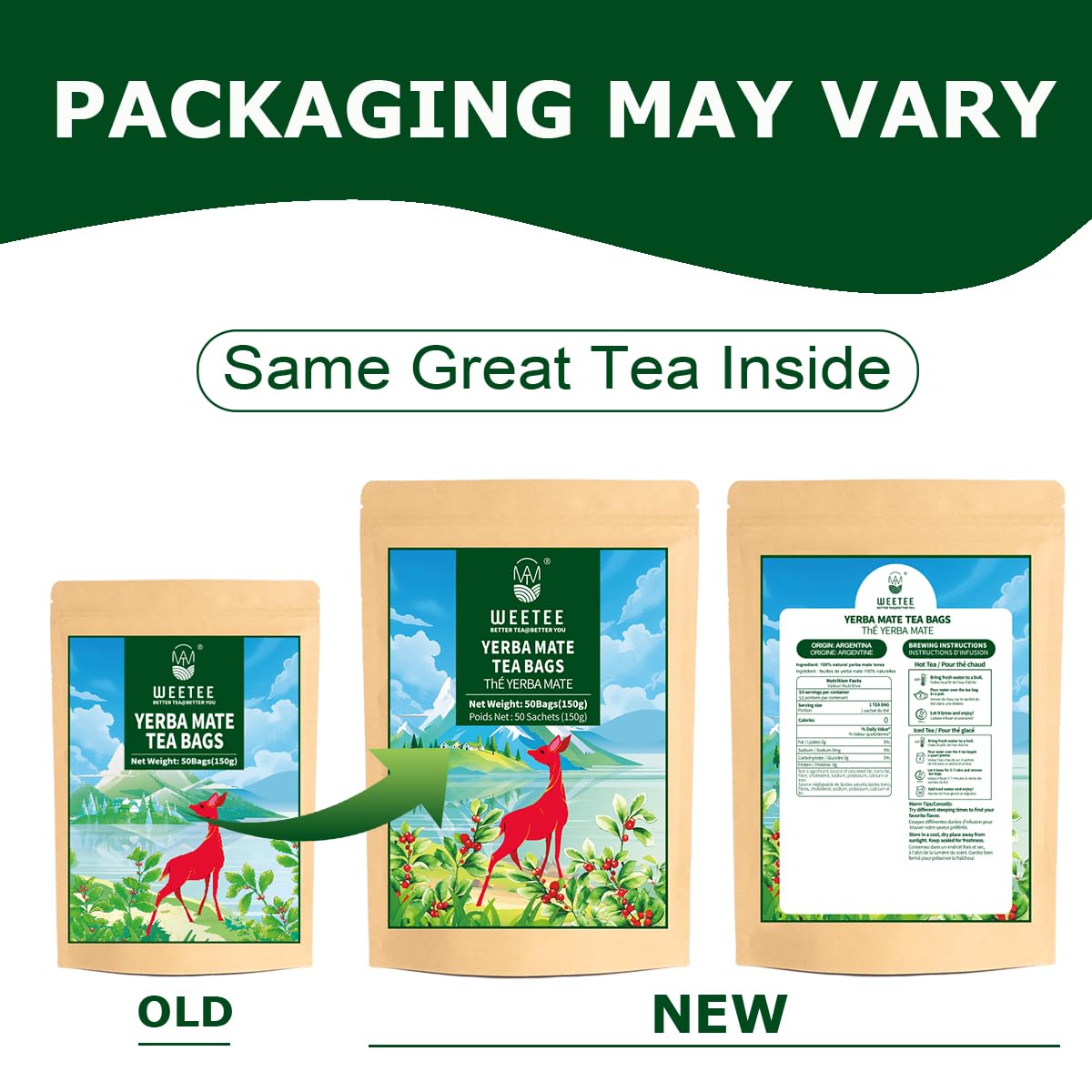 WT WEETEE Yerba Mate Tea Bag, Unsmoked Yerba Mate 50 Teabags From Argentina, Rich In Antioxidants, Plant Nutrients, Perfect Coffee Replacement