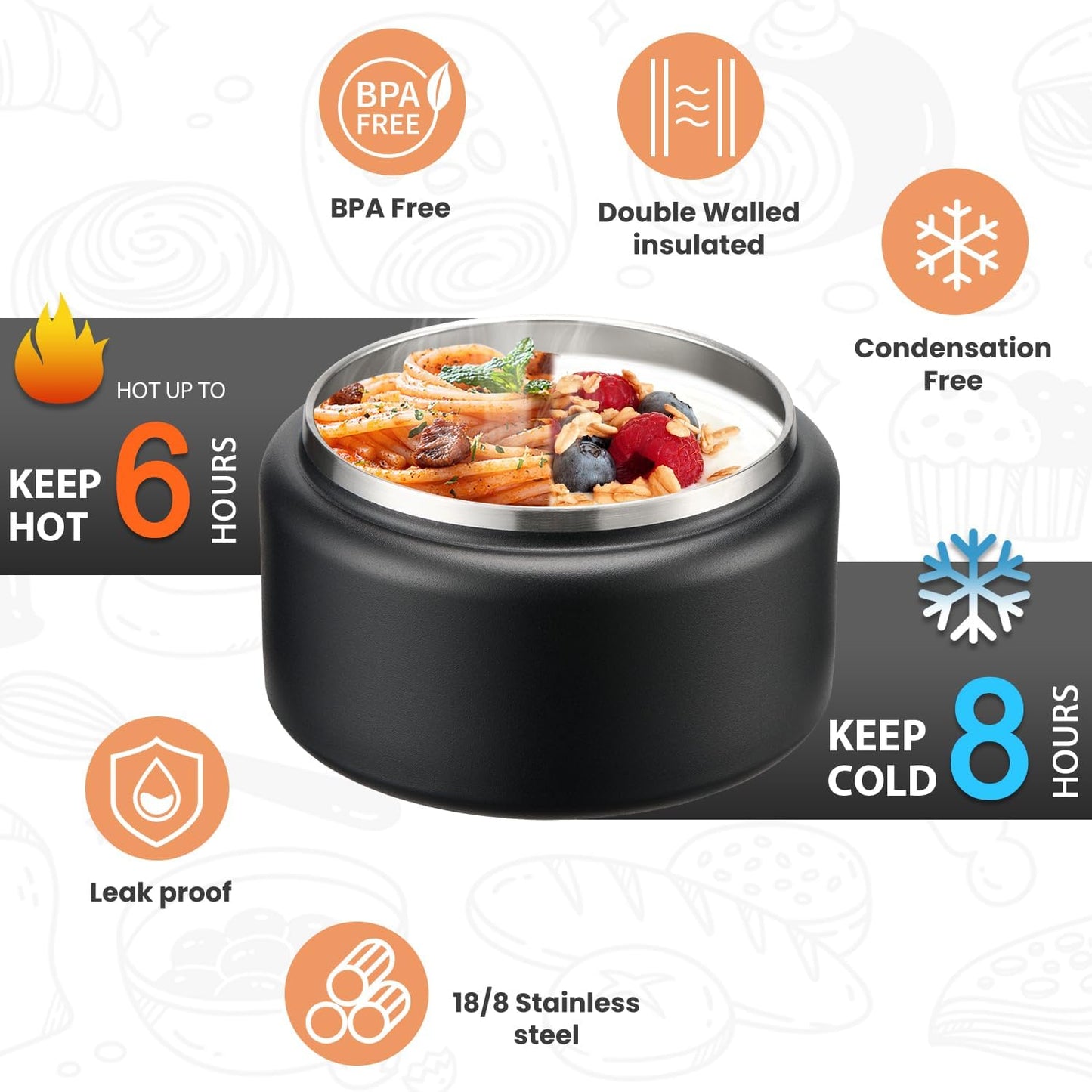 Soup Thermo for Hot Food Kids 13.5oz Lunch Containers with Buckle Lid Wide Mouth Hot Food Jar Vacuum Insulated Stainless Steel Bento Box Leakproof with Spoon(Black)
