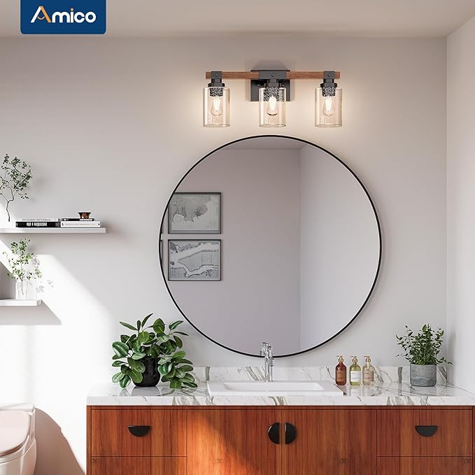 Amico 3-Light Farmhouse Vanity Light Fixture, Rustic Wood Bathroom Light - Image 3