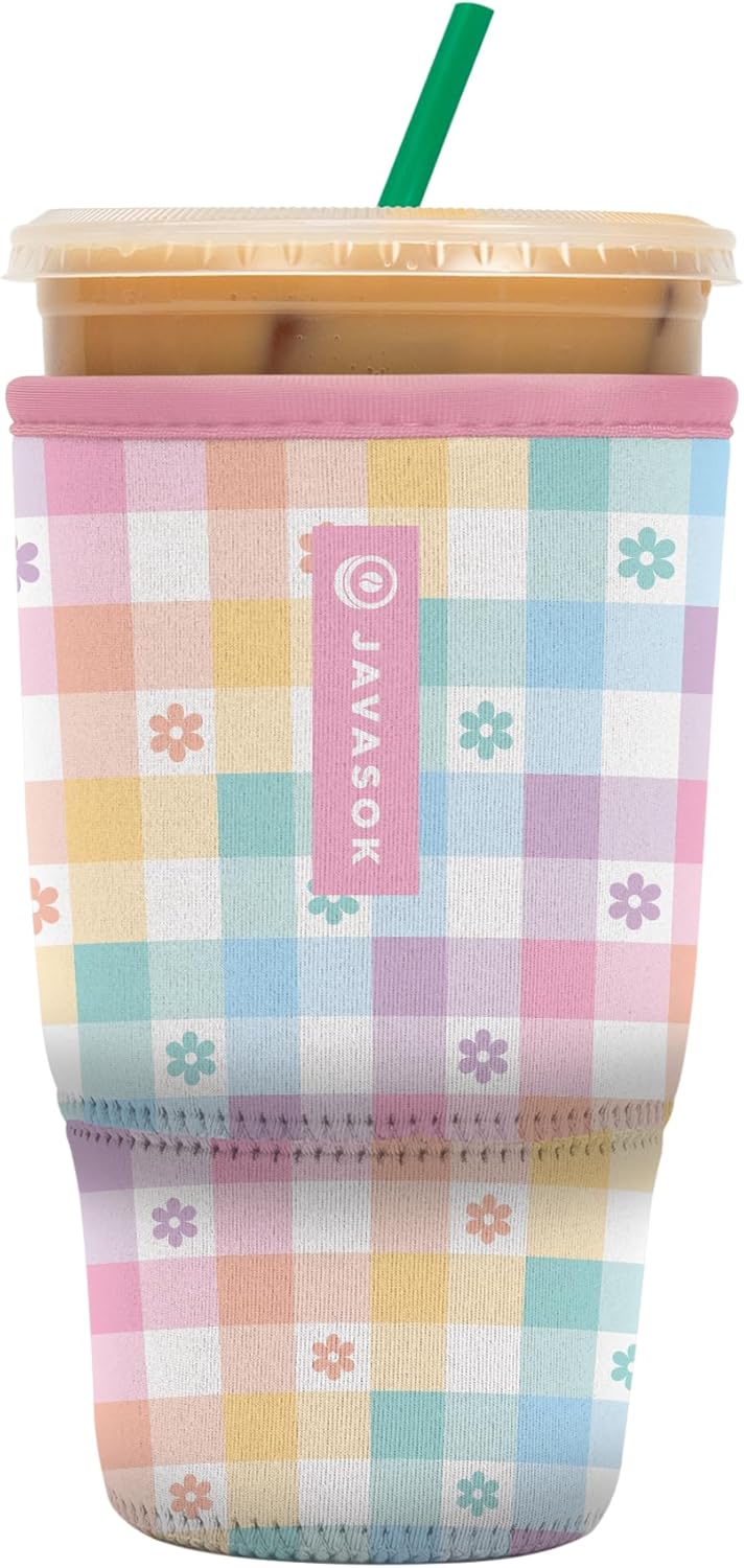 Sok It JavaSok Iced Coffee & Cold Soda Insulated Neoprene Cup Sleeve (Gingham Flowers, Large: 30-32oz)