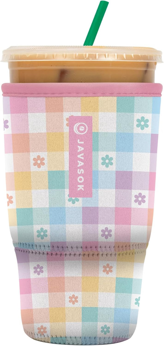 Sok It JavaSok Iced Coffee & Cold Soda Insulated Neoprene Cup Sleeve (Gingham Flowers, Large: 30-32oz)