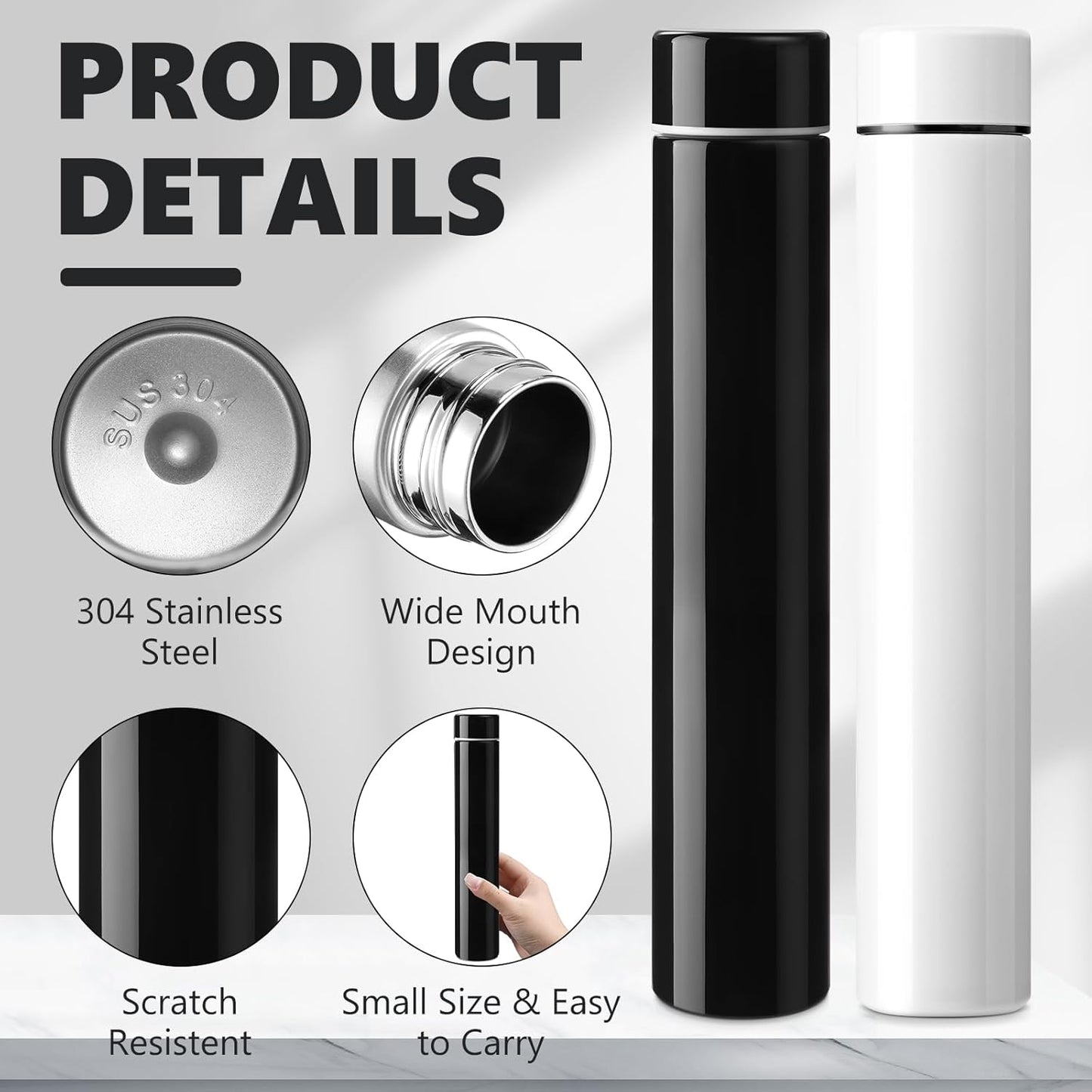 Vesici Slim Water Bottle 8.8 oz Small Stainless Steel Purse Compact Insulated Water Bottles Camping Travel Backpack Pocket Flask for Car Cold Coffee Tea(Black, White,2 Pack)