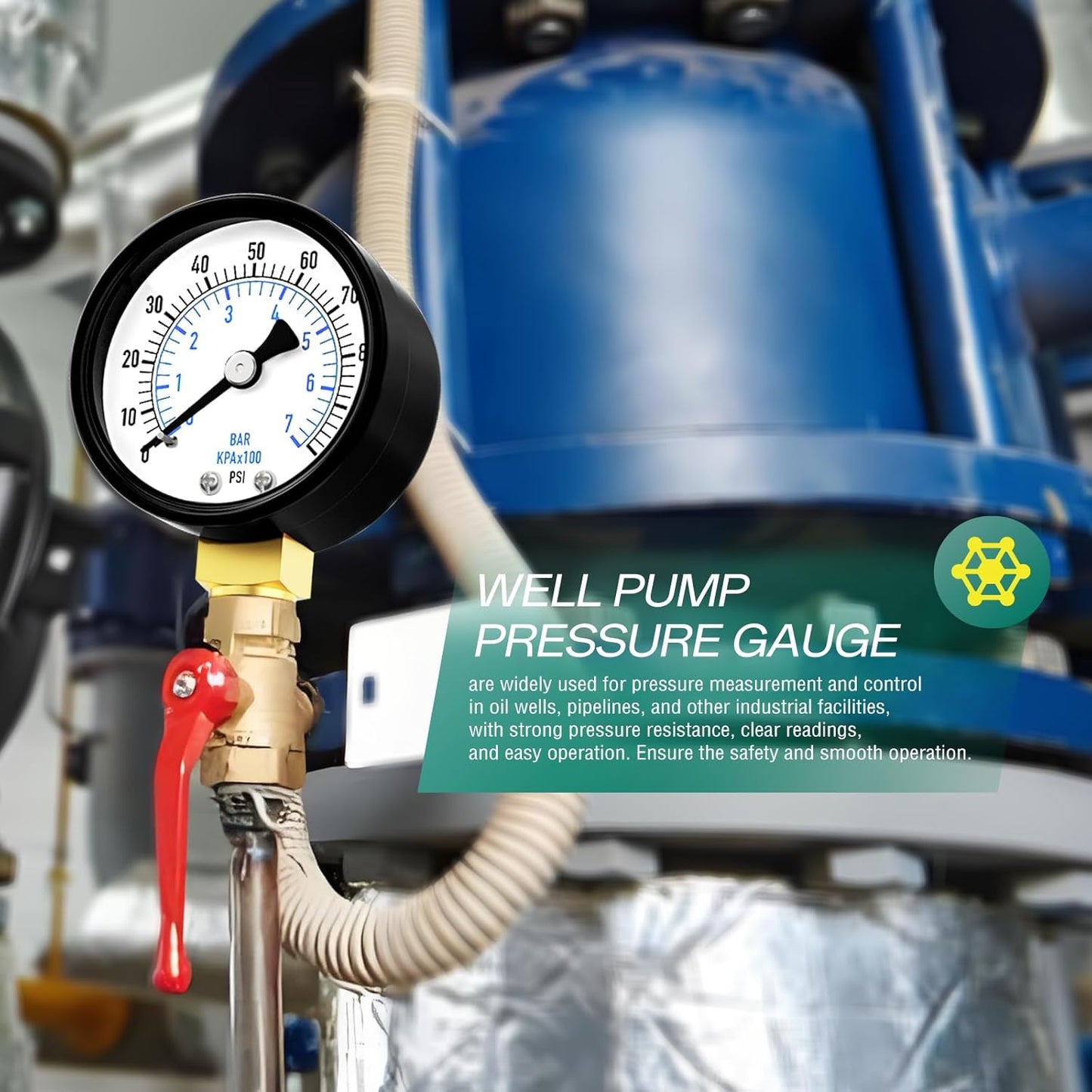 0-100psi Well Pump Pressure Gauge 1/4" NPT 2" Face Dial Size Lower Mount, Multifunctional Practical Dry Pressure Gauge, for Water, Oil and Air Compressor