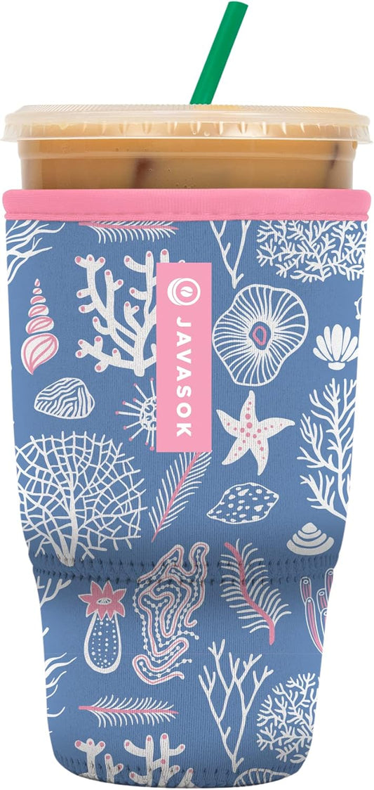 Sok It JavaSok Iced Coffee & Cold Soda Insulated Neoprene Cup Sleeve (Coral Exploring, Large: 30-32oz)