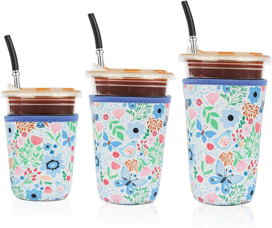 Reusable 3-Pack Iced Coffee Cup Sleeve, Insulated Neoprene, Beverage Holder for Iced Coffee, Durable Drink Sleeve for Cold Beverages, Butterfly Bloom