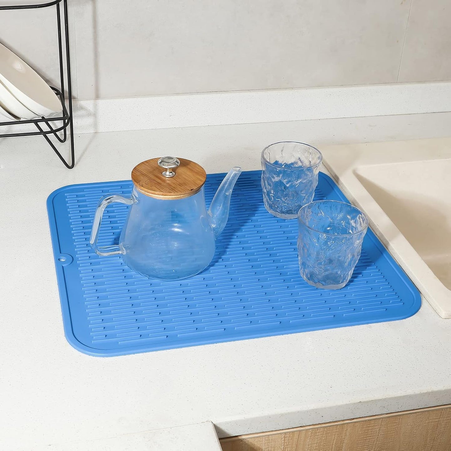 Silicone Dish Drying Mat for Multiple Usage,Easy clean,Eco-friendly,Heat-resistant Silicone Mat for Kitchen Counter or Sink,Refrigerator or Drawer Liner Lichen BlueL 2XL 24 inches x 18 inches