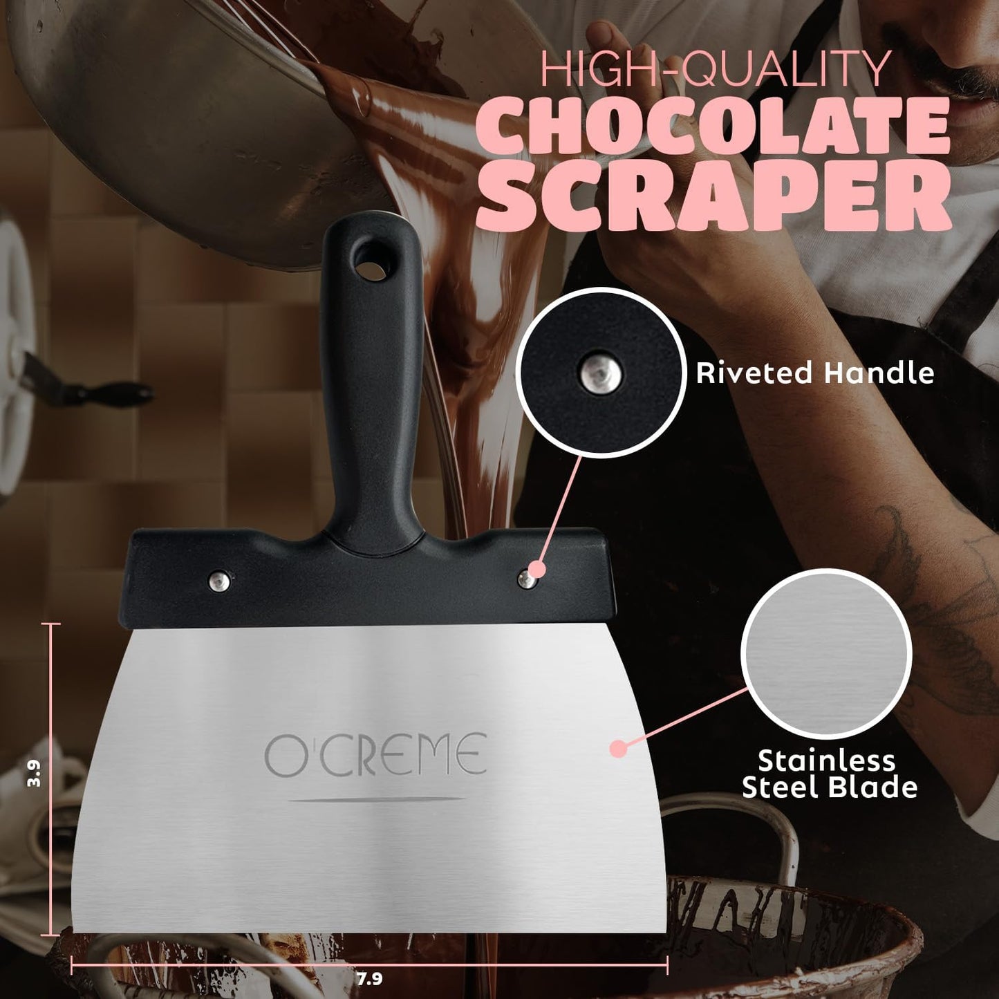O'Creme Coating Spatula for Chocolate - Stainless Steel Chocolate Thermostat Spatula Dough Scraper (7.9 x 3.9 inch) – Heavy-Duty & Multipurpose Baking Tool, Cake Leveler, Icing Smoother