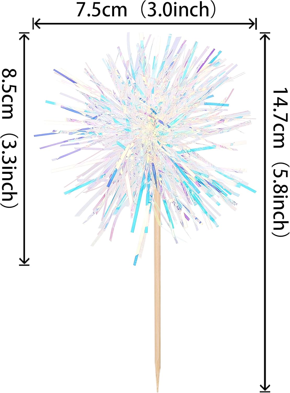 30 PCS Foil Firework Cupcake Toppers Happy Birthday Cupcake Toppers Sparkle Tinsel Flower Drink Stirrers Cocktail Fruit Toothpicks for Valentine's Day Baby Shower Party Cake Decor Supplies White