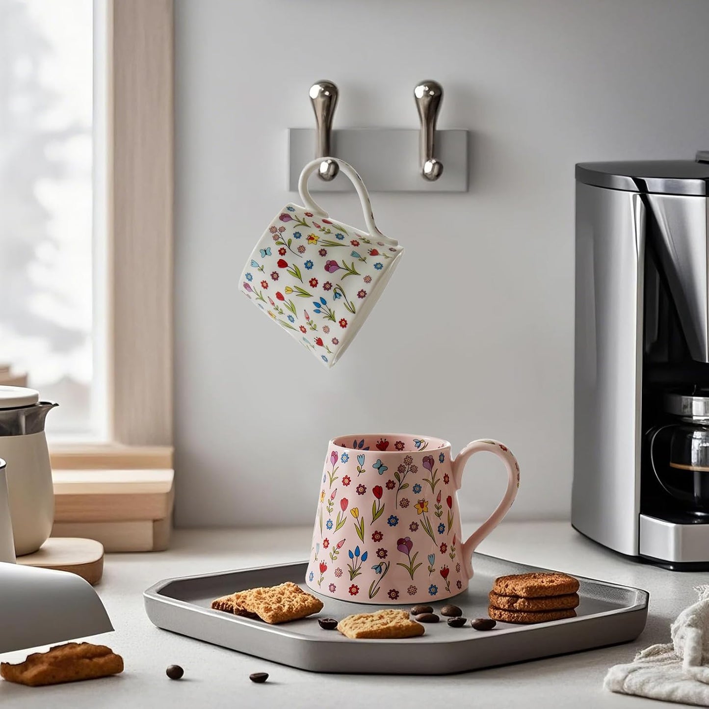 12 oz Ceramic Coffee Mug - Gift for Women & Girls - Cute Pink Coffee Cup w/Unique Design, Perfect for Home, Office, Tea, Latte, Milk - Ideal Present for Friends (Pink)