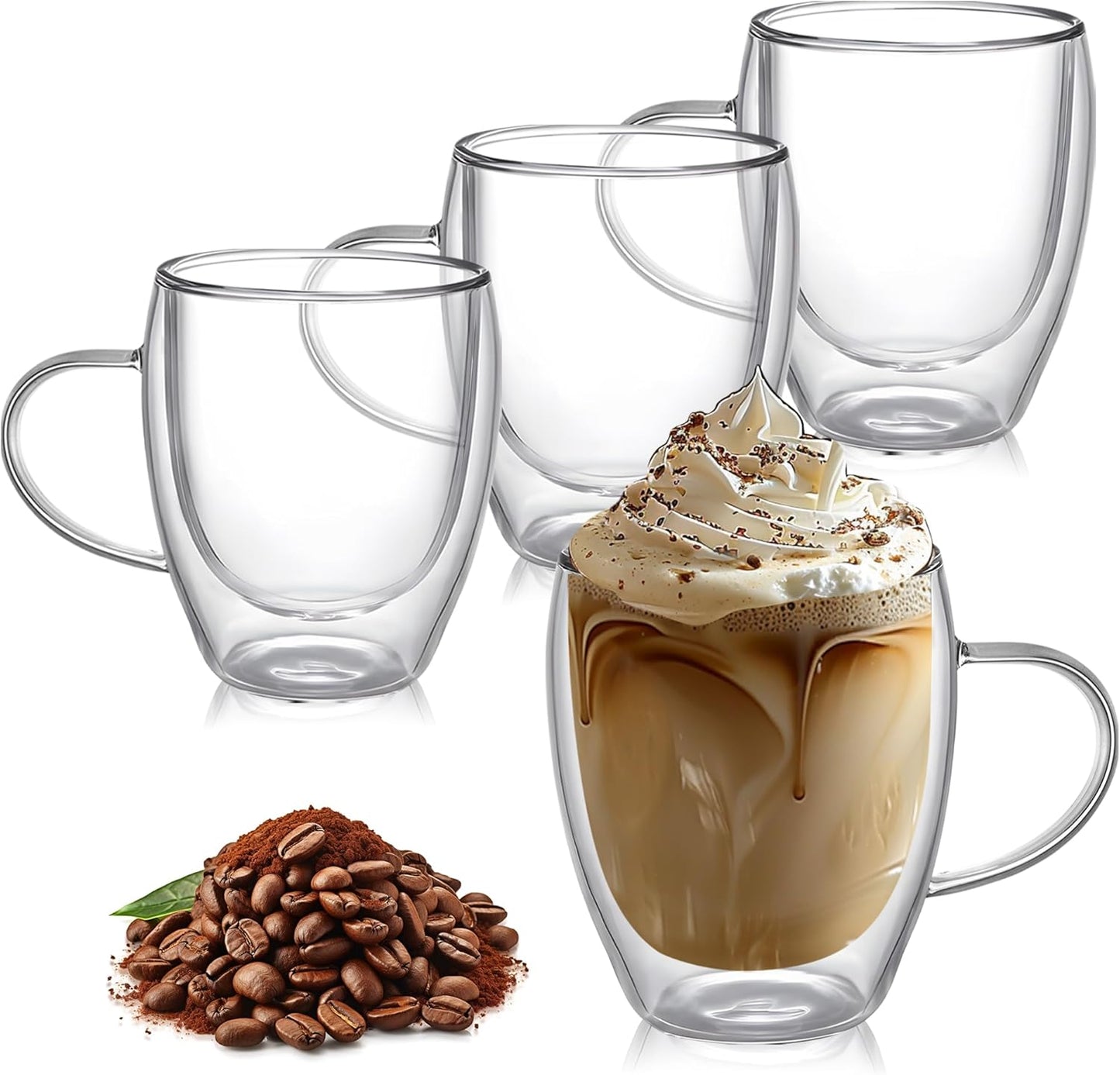 8 Ounces Set of 4 Double Walled Glass Coffee Mugs with with Handle Insulated Layer Coffee Cups Borosilicate Glass Espresso Double Insulated Clear Glass Coffee Mug for Hot Beverages