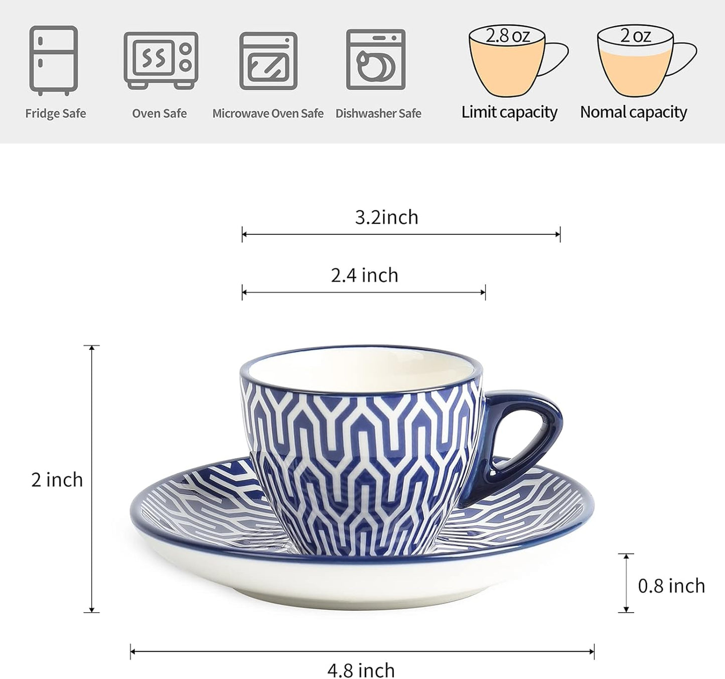 Selamica Ceramic 2 oz Espresso Cups, Small Expresso Coffee Cup Set with Saucers, Porcelain Mini Demitasse Cups for Latte Mocha Tea, Set of 6, Vintage Blue