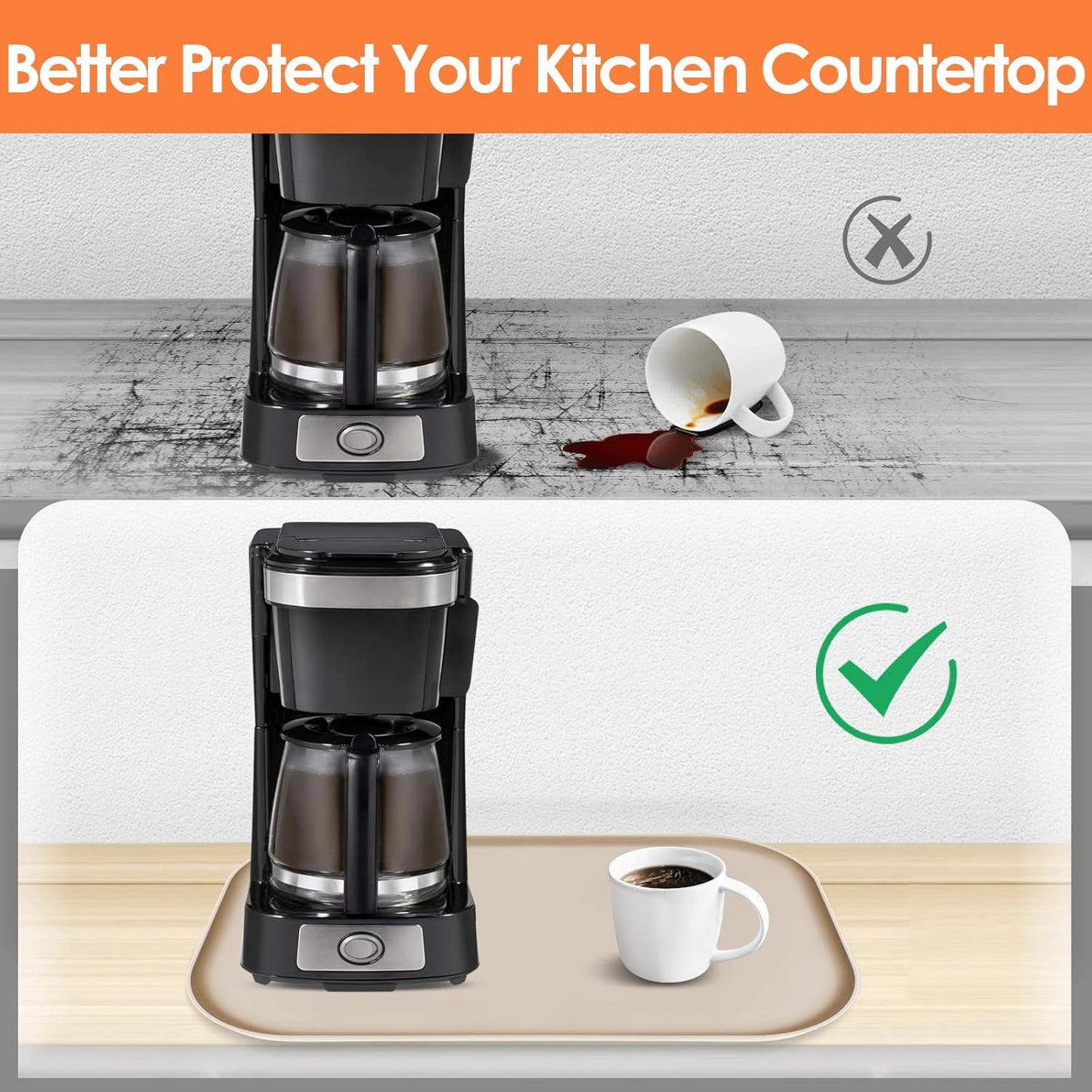 TOHONFOO Silicone Coffee Maker Mat with Lip, 17.4'' x 10.6'' Heavy Duty Coffee Maker Mat for Countertops, Coffee Tray Fit Under Coffee Machine Appliance Automatic Machines Espresso Accessory, Khaki