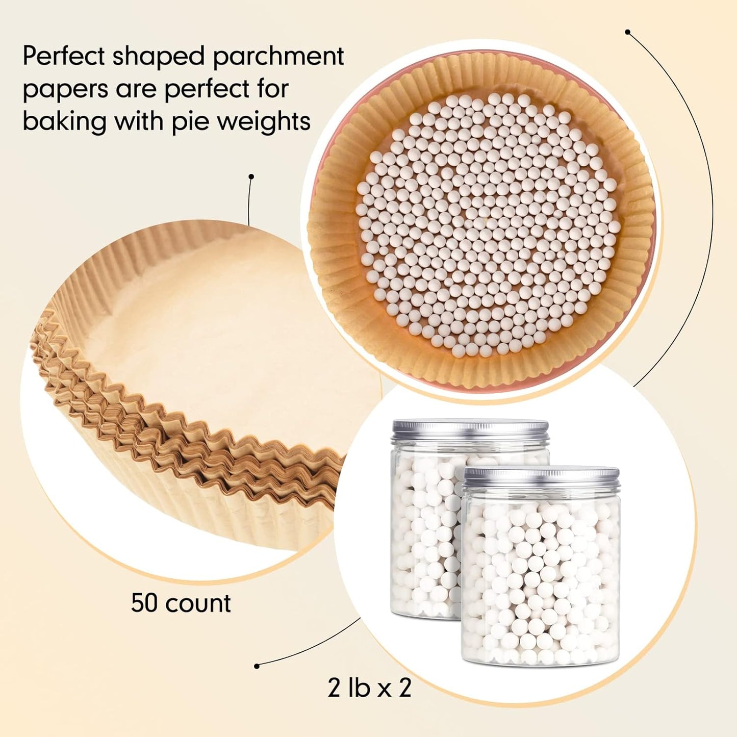 2 Pack White 2 lb Pie Weights for Baking Crust Ceramic Weights Blind Baking Beads with 50 Pcs Disposable Parchment Paper Pie Liner Fit 8,9,10 Inch Dish