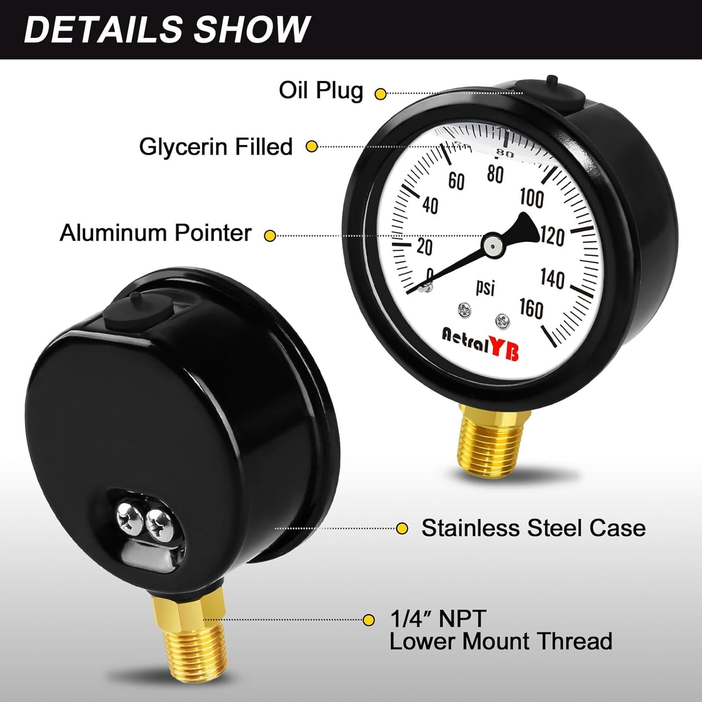 0-160 Psi Pressure Gauge,Stainless Steel Case,Glycerin Liquid Filled, 2.5" Dial Size, 1/4" NPT Lower Mount, IP67 Waterproof,for Water Pump, Air Compressor, Well Pump, RV Regulator