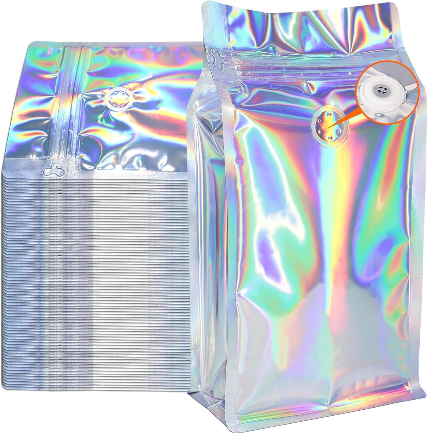 Coffee Bags with Valve (50 PCS,8oz/0.5lb) Holographic High Barrier Aluminum Foil Flat Bottom Standing Coffee Beans Storage Packaging Bags, Reusable Heat Seal Side Zipper Pouches for Small Business