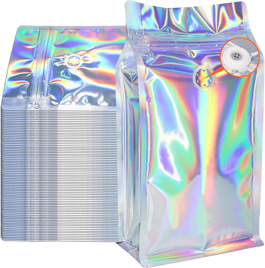 Coffee Bags with Valve (50 PCS,16oz/1lb) Holographic High Barrier Aluminum Foil Flat Bottom Standing Coffee Beans Storage Packaging Bags, Reusable Heat Seal Side Zipper Pouches for Small Business