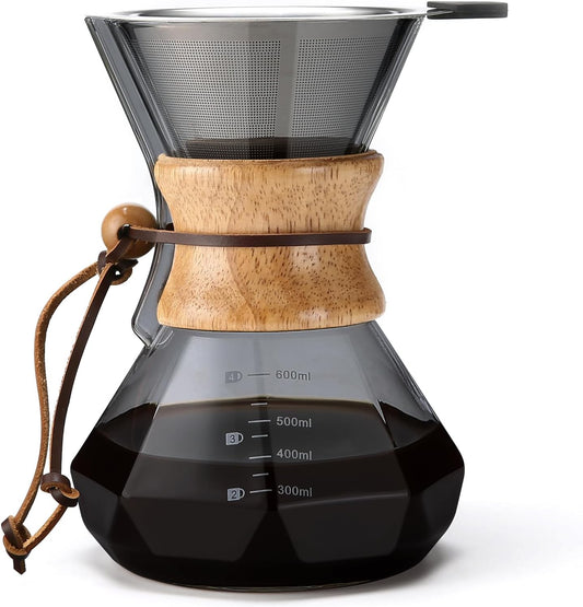 Pour Over Coffee Maker with Stainless Steel Filter, 20 oz Borosilicate Glass Coffee Carafe, Wooden Collar, Coffee Maker Carafe, Hold 3-4 Cups, 600 ml, Gray