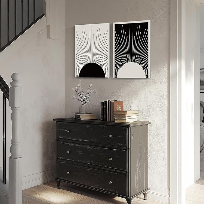 Hwetui Framed Boho Sun Wall Art Set of 2 Black and White Minimalist Sunrise - Image 3