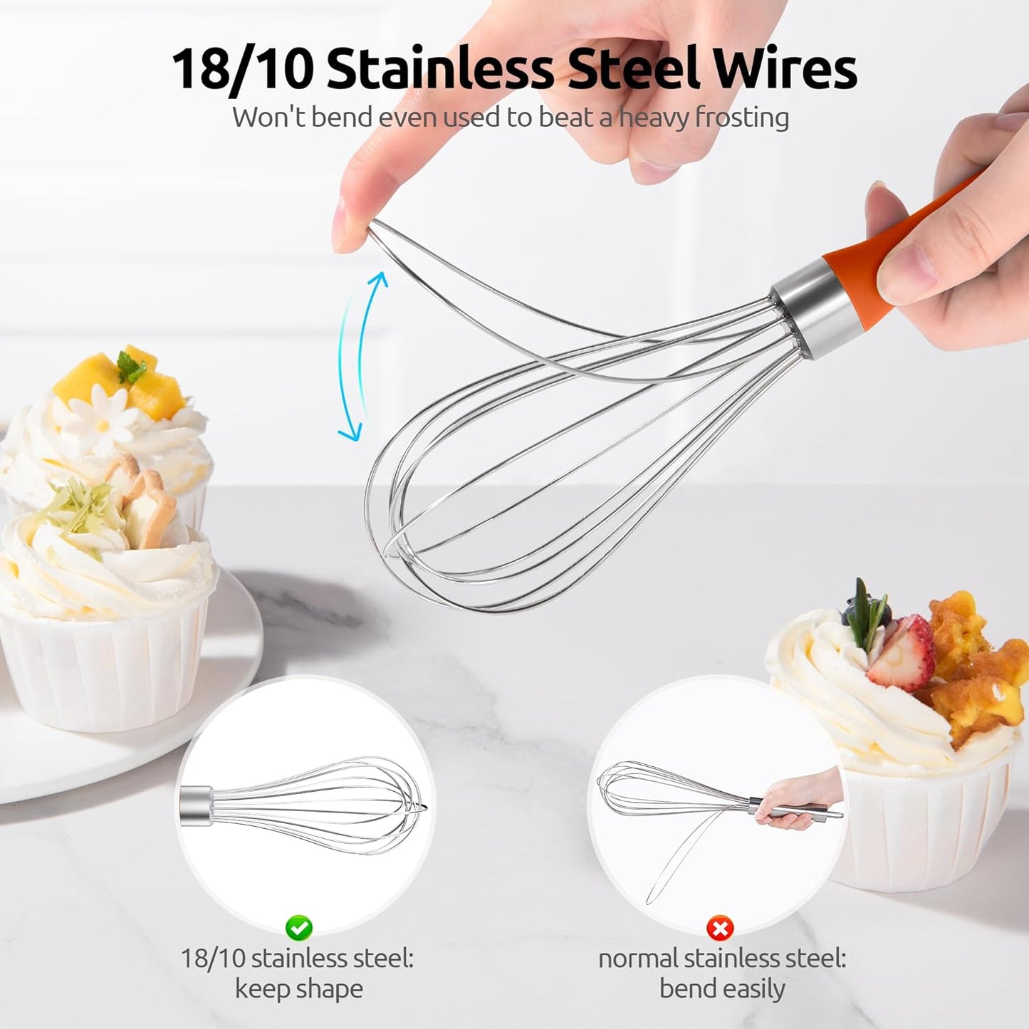 U-Taste 9" Small Egg Whisk: 18/10 Stainless Steel Kitchen Cooking Wire Balloon Wisk, Heavy Duty Metal Beater Stirrer, Manual Baking Tool with 6 Flex Wires for Hand Mixing, Blending Sauce (Orange)