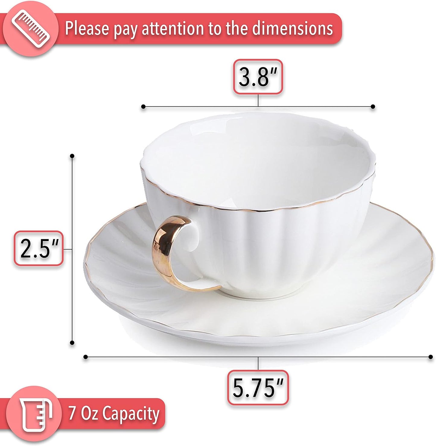 BTaT- White Tea Cups and Saucers Set of 6 (7 oz), Porcelain White Tea Cup Set with Golden Trim Design, Dishwasher Safe