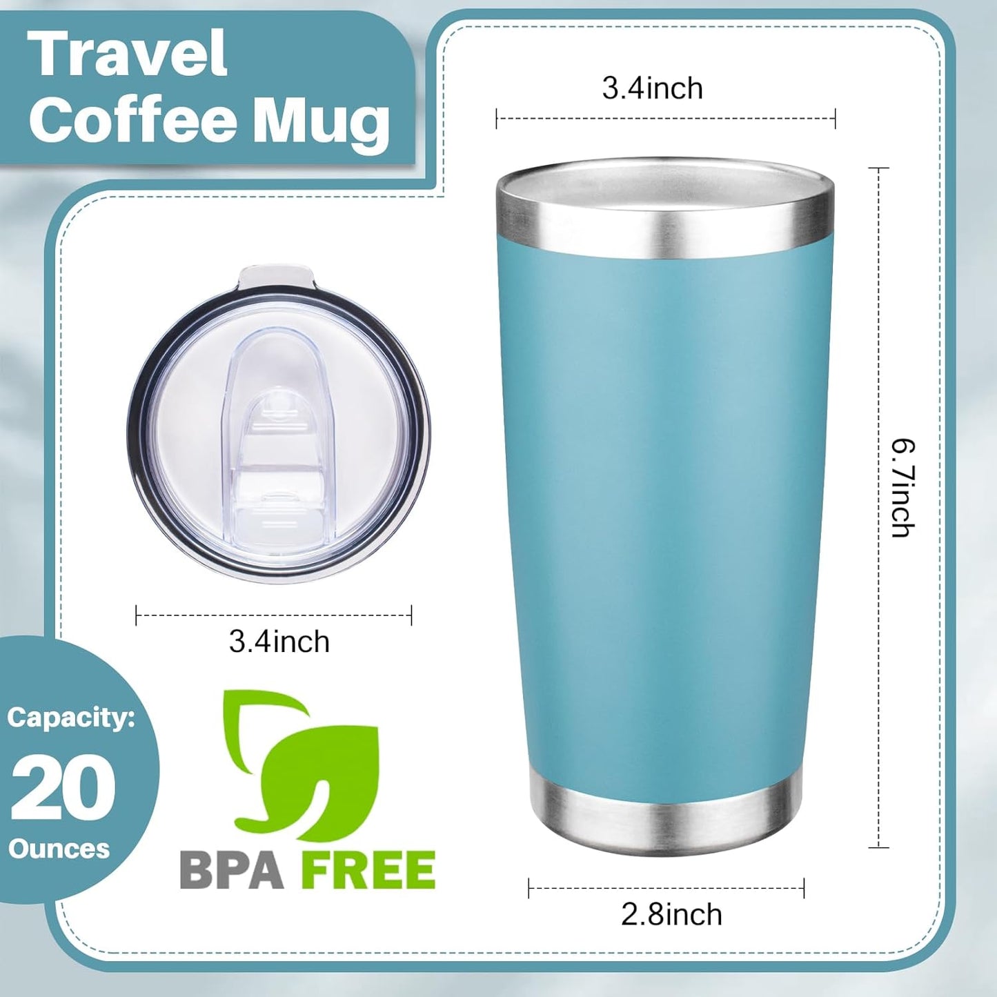 20oz Tumbler with Lid Double Wall Vacuum Insulated Travel Coffee Mug Stainless Steel Thermal Cup Powder Coated Sturdy Coffee Tumbler for Hot and Cold Beverage (Glacier blue,1)