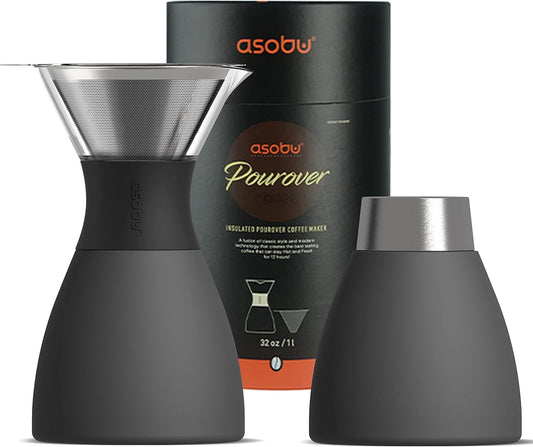 asobu Insulated Pour Over Coffee Maker (32 oz.) Double-Wall Vacuum, Stainless-Steel Filter and Take on the Go Carafe (Smoke)