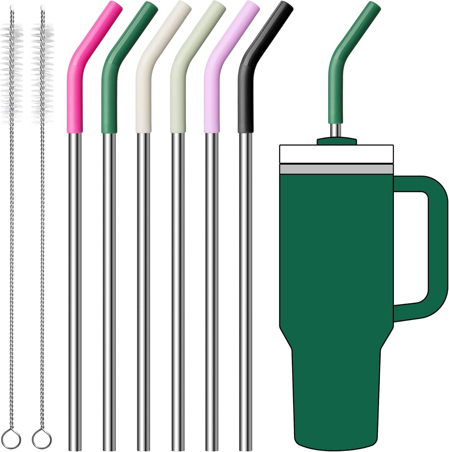 Metal Straws Reusable for 40 oz Stanley, Simple Modern Tumbler, Stainless Steel Straight Drinking Straw with Silicone Tips for Meoky 40 oz Tumbler, Cleaning Brush
