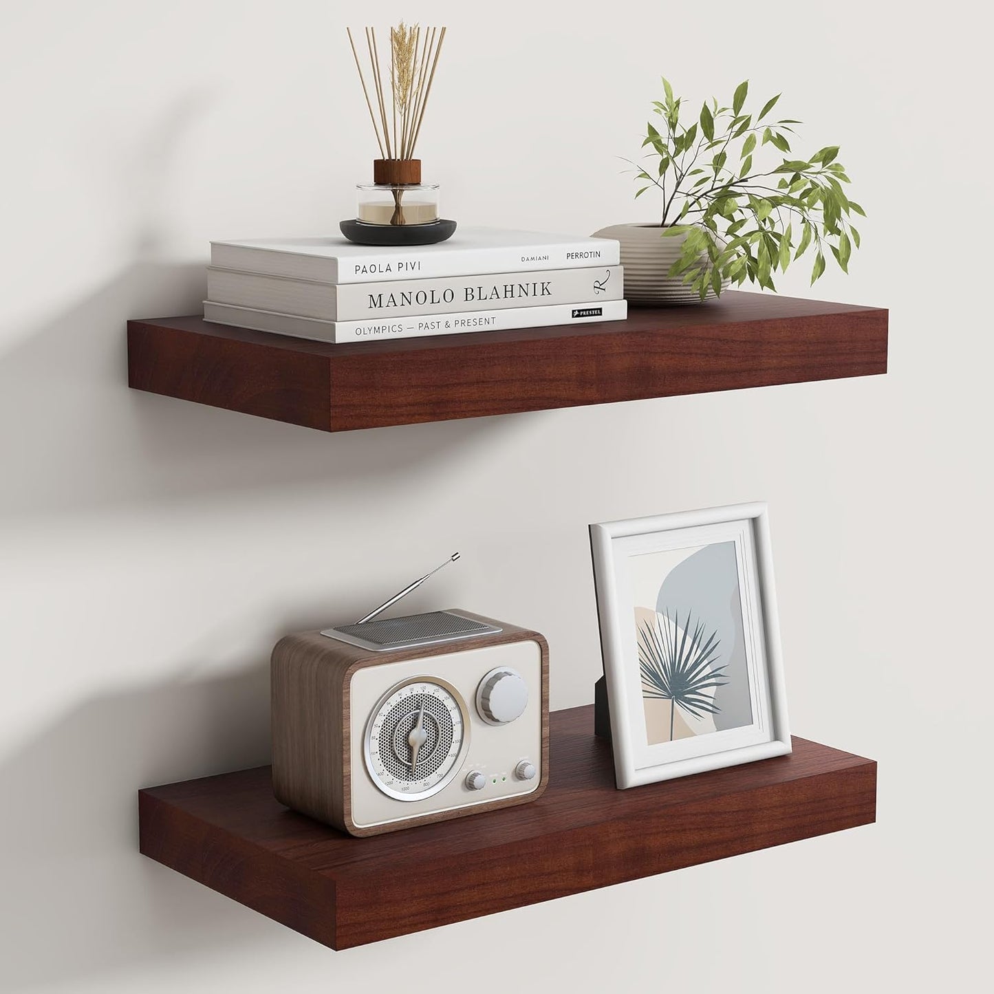 Floating Shelves for Wall, Real Wood Floating Shelf Set of 2, 8 Inch Deep Floating Shelves, Rustic Wood Wall Shelf for Home Decor, Deep Storage Shelves for Bathroom, Kitchen, 16"W x 8"D, Red Brown