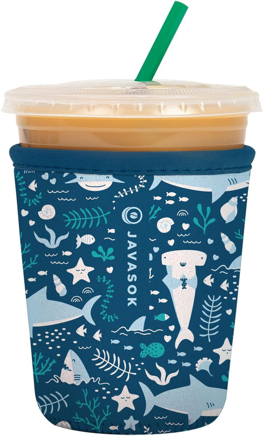 Sok It JavaSok Iced Coffee & Cold Soda Insulated Neoprene Cup Sleeve (Happy Sharks, Small: 16-20oz)