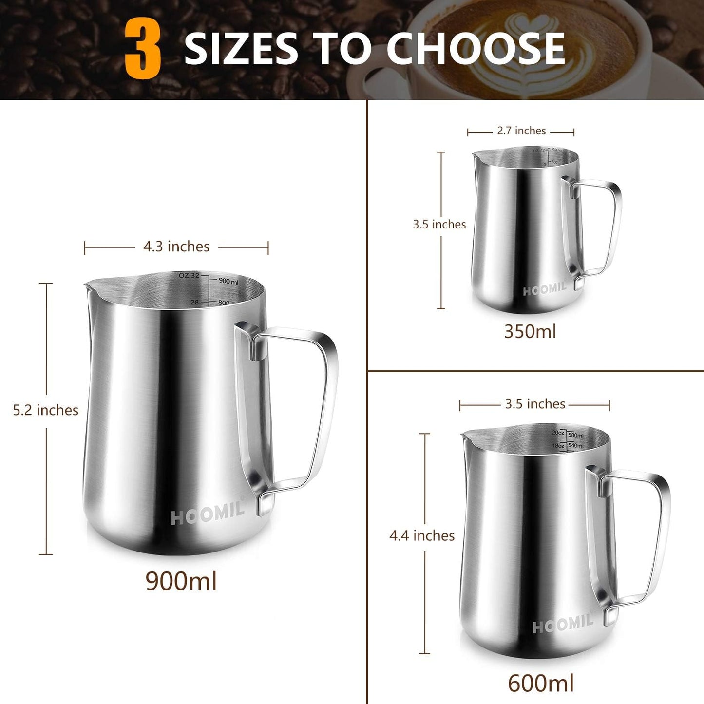 HOOMIL Milk Frothing Pitcher, 20oz/600ml Stainless Steel Steaming Pitcher Barista Milk Frother Cup Jug for Espresso Machine Coffee Cappuccino Latte Art - Silver