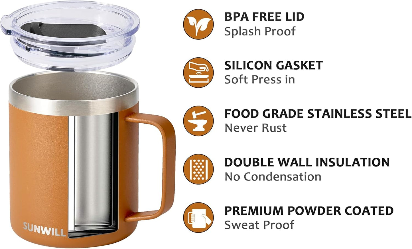 SUNWILL Travel Coffee Mug with Lid, Insulated Tumbler Set of 2, Stainless Steel Cup 14 oz for Camping, Outdoor, Gifts, Powder Coated Olive & Caramel