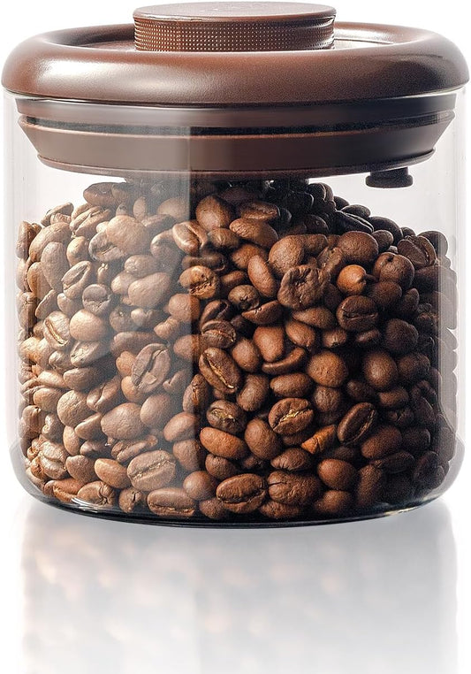 Borosilicate Glass Coffee Jar 600 ml – Pop Top Airtight Coffee Canister with CO2-Release Valve, 7 Oz Coffee Container for Ground Coffee, Brown