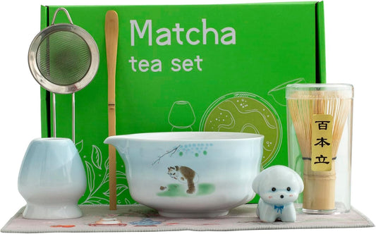 Matcha whisk and bowl set, ceramic matcha bowl with spout, matcha tea set for breakfast, matcha latte, perfect matcha set for ceremony 7 piece set (blue)