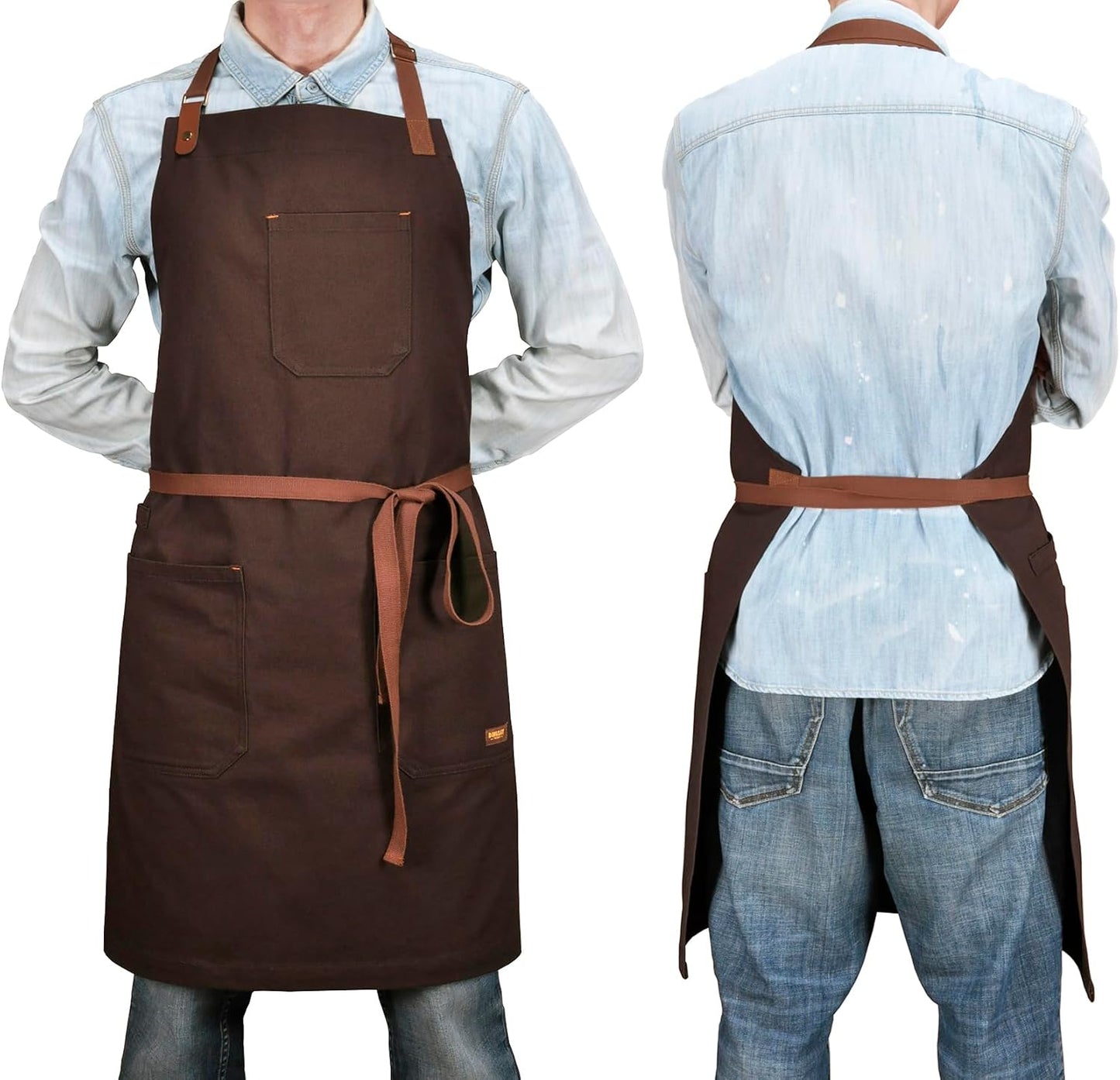 Chef Bib Apron with Pockets Professional Kitchen Cooking Grill BBQ Apron for Men Women, with Pockets Towel Loop and Adjustable Neck Strap (Brown)