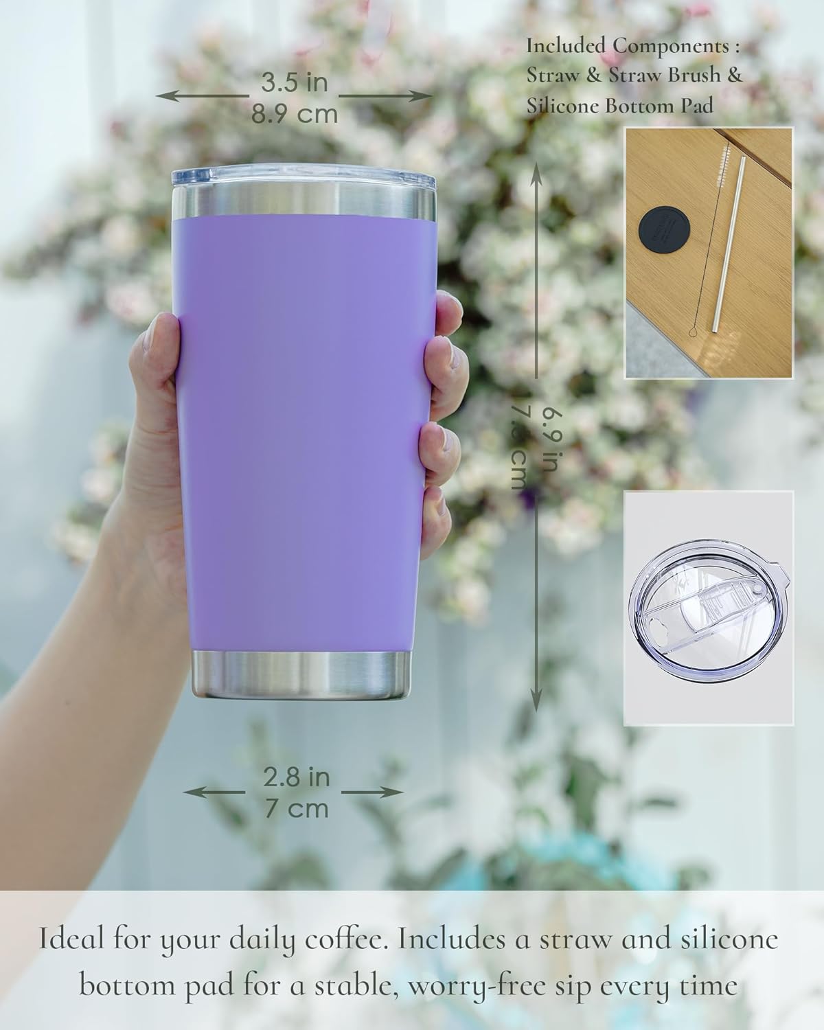 Travel Coffee Tumbler 20oz, 4 Pack Leakproof Travel Coffee Mug with Lid and Straw, Stainless Steel Double Wall Vacuum Insulated Tumbler for Hot/Iced Drinks (Textured Matte, Periwinkle)