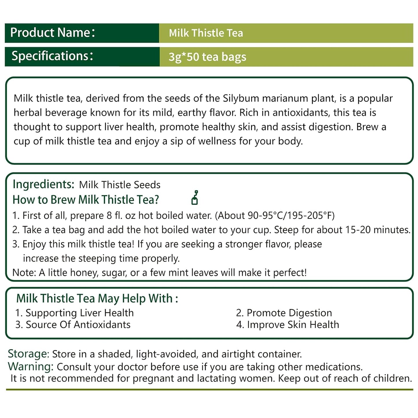 Samcci - Milk Thistle Tea Bags, 50 Teabags, 3g/bag - 100% Natural Milk Thistle Seeds Support Liver Herbal Tea, Caffeine Free - No Additives - No Sugar - Non-GMO - No Gluten