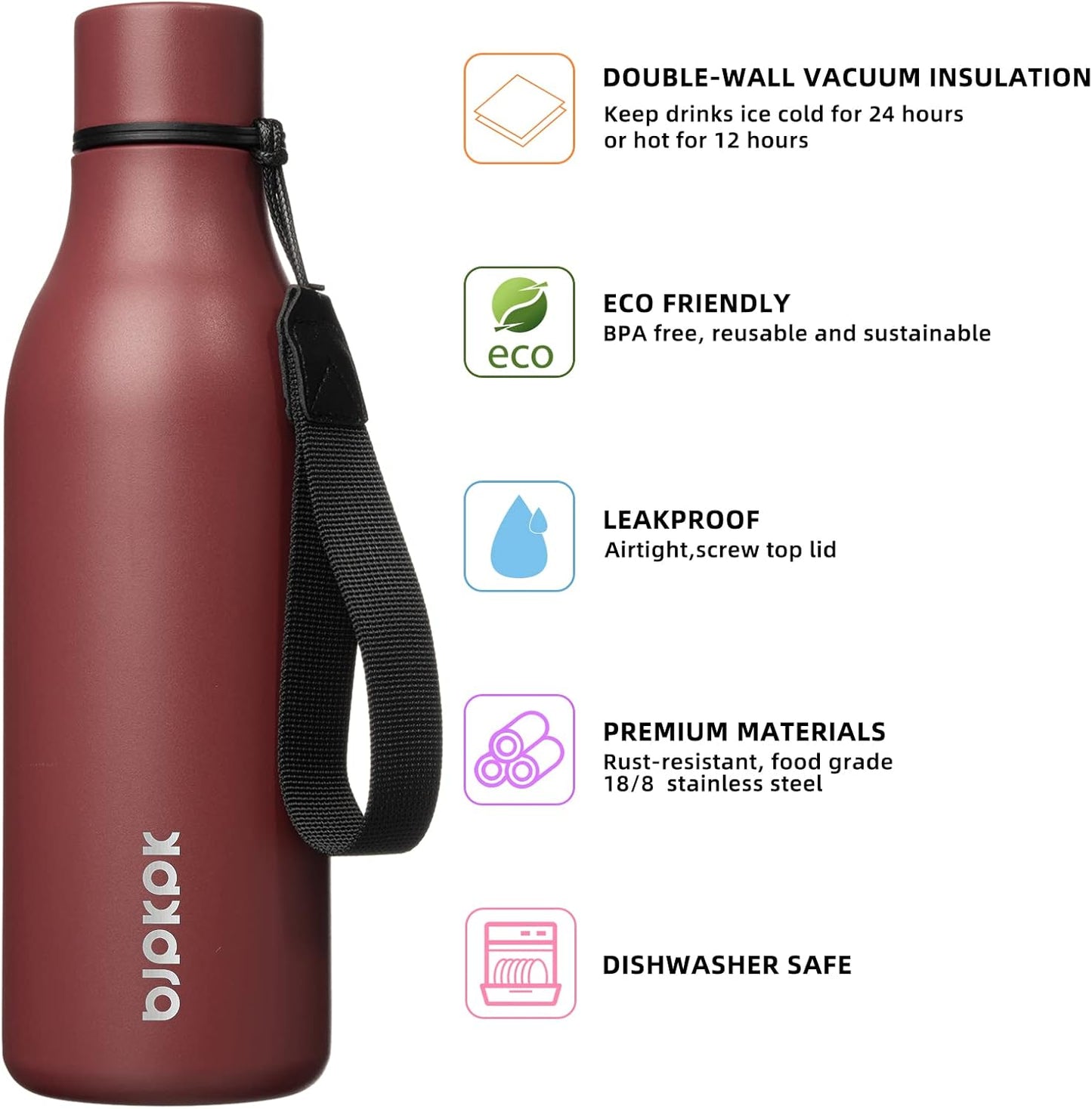 BJPKPK Insulated Water Bottles, 18 oz Stainless Steel Metal Water Bottle with Strap, BPA Free Leak Proof Thermos, Mugs, Flasks, Reusable Water Bottle for Sports & Travel, Brick Red