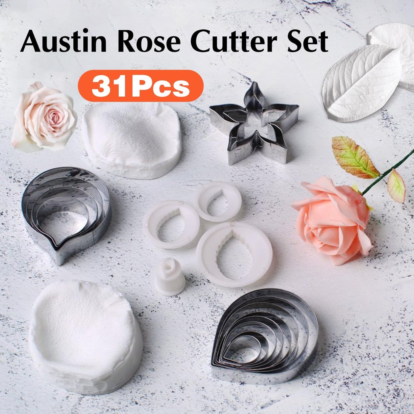 KALAIEN 31Pcs Austin Rose Cutter Set Rose Petals Silicone Fondant Mould Veining Petal Sugar Flower Making Tool