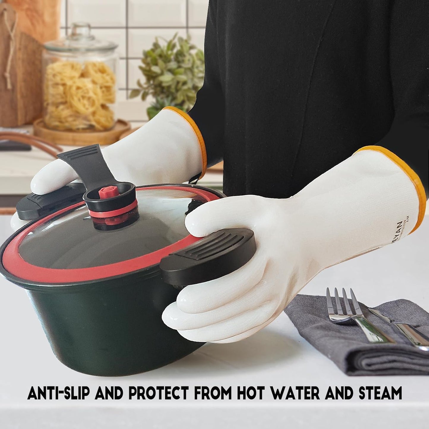 DEYAN Silicone BBQ & Oven Gloves - Food Grade, Heat Resistant Waterproof & Oil Proof Gloves for Grilling, Baking, Frying, Cooking - Long Sleeve & Non-Slip Grip, 1 Pair (White, 8/M)