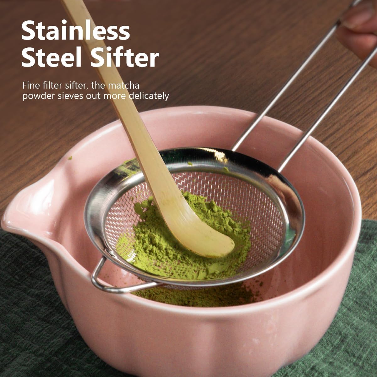 Pink Matcha Kit, 7 Pcs Matcha Whisk Set Includes Matcha Bowl with Spout, Bamboo Whisk, Chasen Holder, Sifter, Scoop and Rest, Tea Towel, Matcha Making Kit Tools for Family/Friend