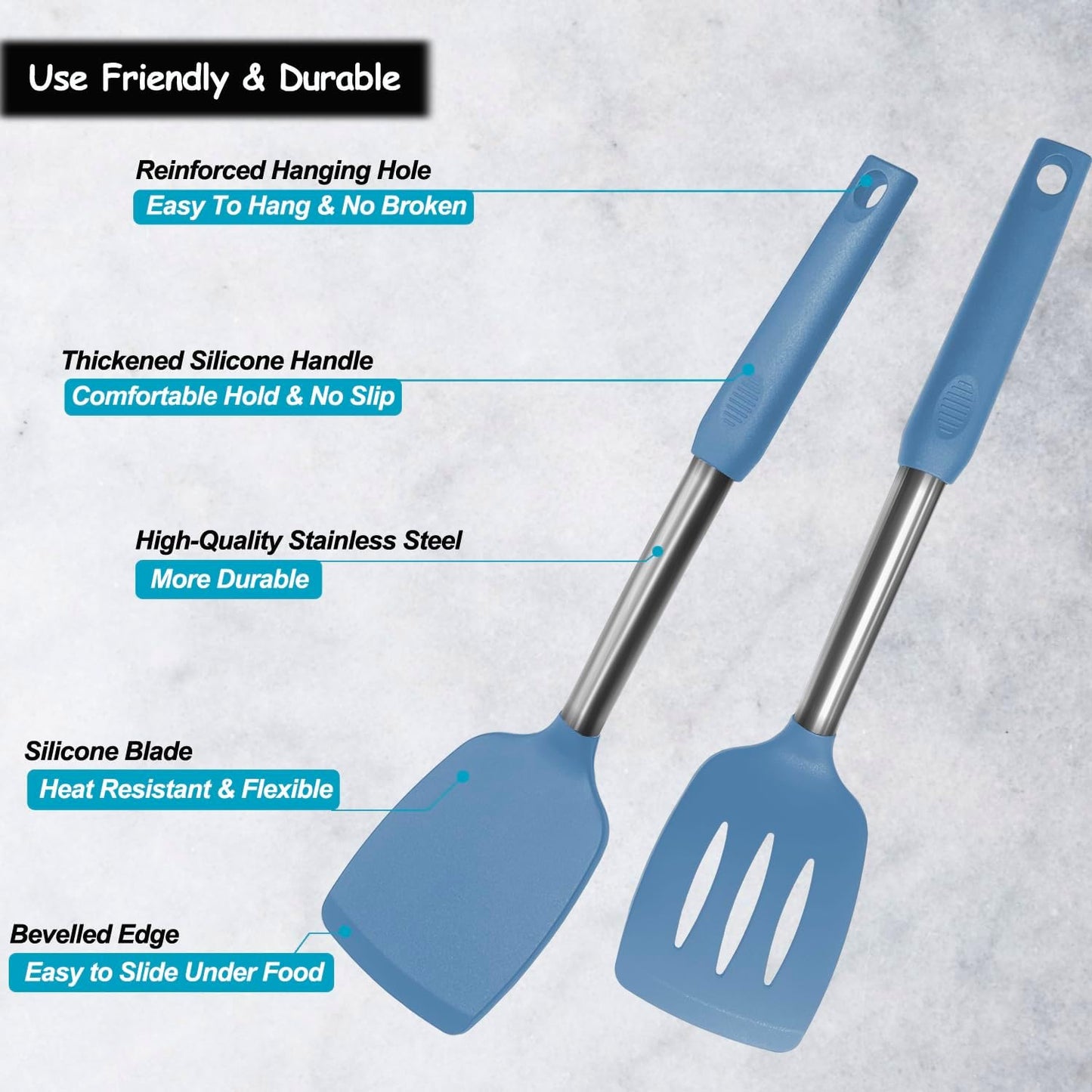 Silicone Spatula and Cooking Spoon,5 Pack Solid & Slotted Spoons and Spatulas High Heat resitant for Kitchen, Stainless Steel Handle Coated with Silicone, Non Stick Utensil, Starry blue