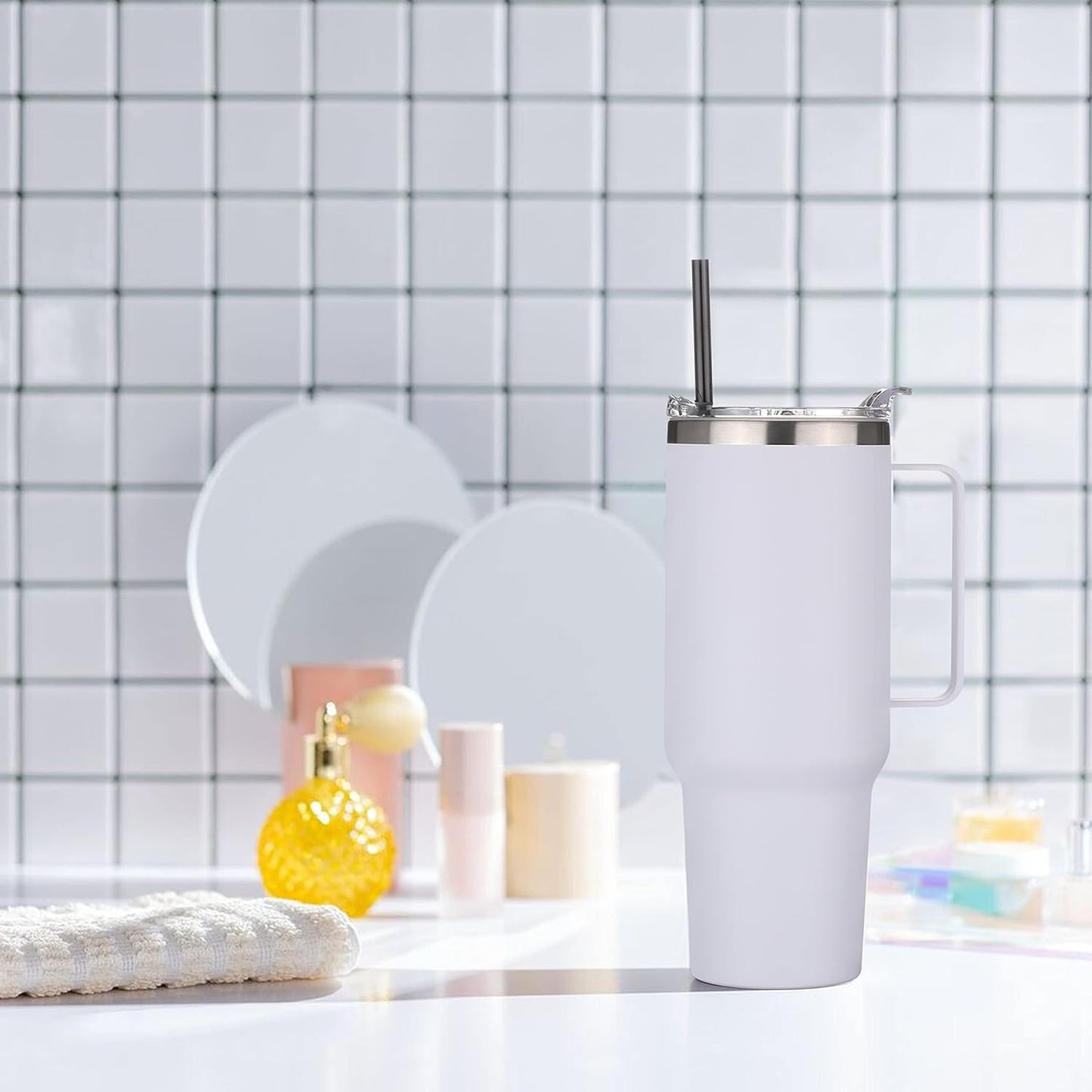 HASLE OUTFITTERS 40 oz Stainless Steel Tumbler with Handle, Vacuum Insulated Tumblers Bulk, Reusable Double Wall Travel Coffee Mug, Durable Powder Coated Water Bottles(White, 4)