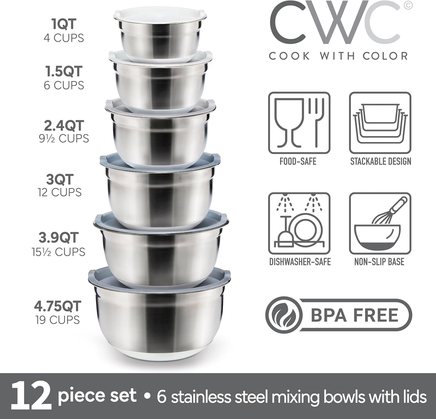 COOK WITH COLOR Stainless Steel Mixing Bowls Set with Lids - Nesting Bowls with Non-Slip Bottom, Grey, 12 Pieces