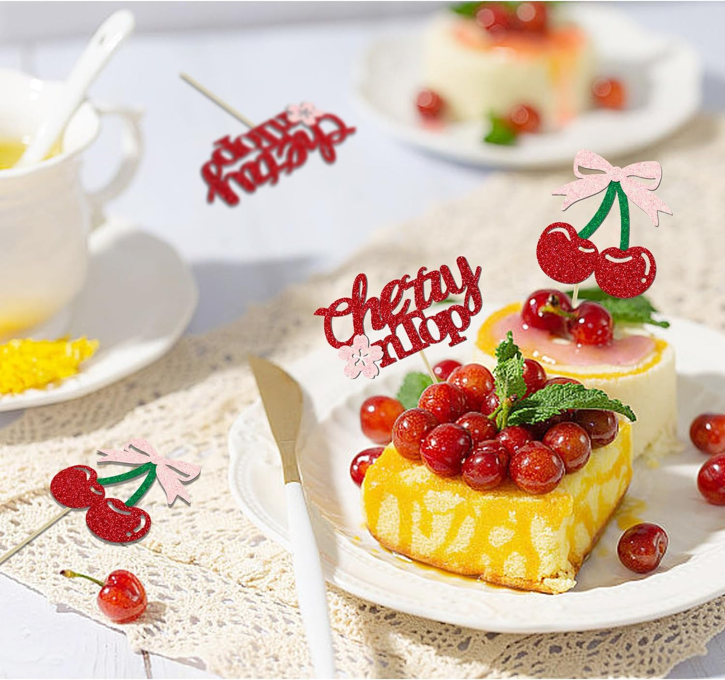 24 Pack She's the Cherry On Top Cupcake Toppers, Glitter Cherry Sweet Cake Pick for Fruits Theme Baby Shower and Bridal Shower Decorations Supplies (Top)