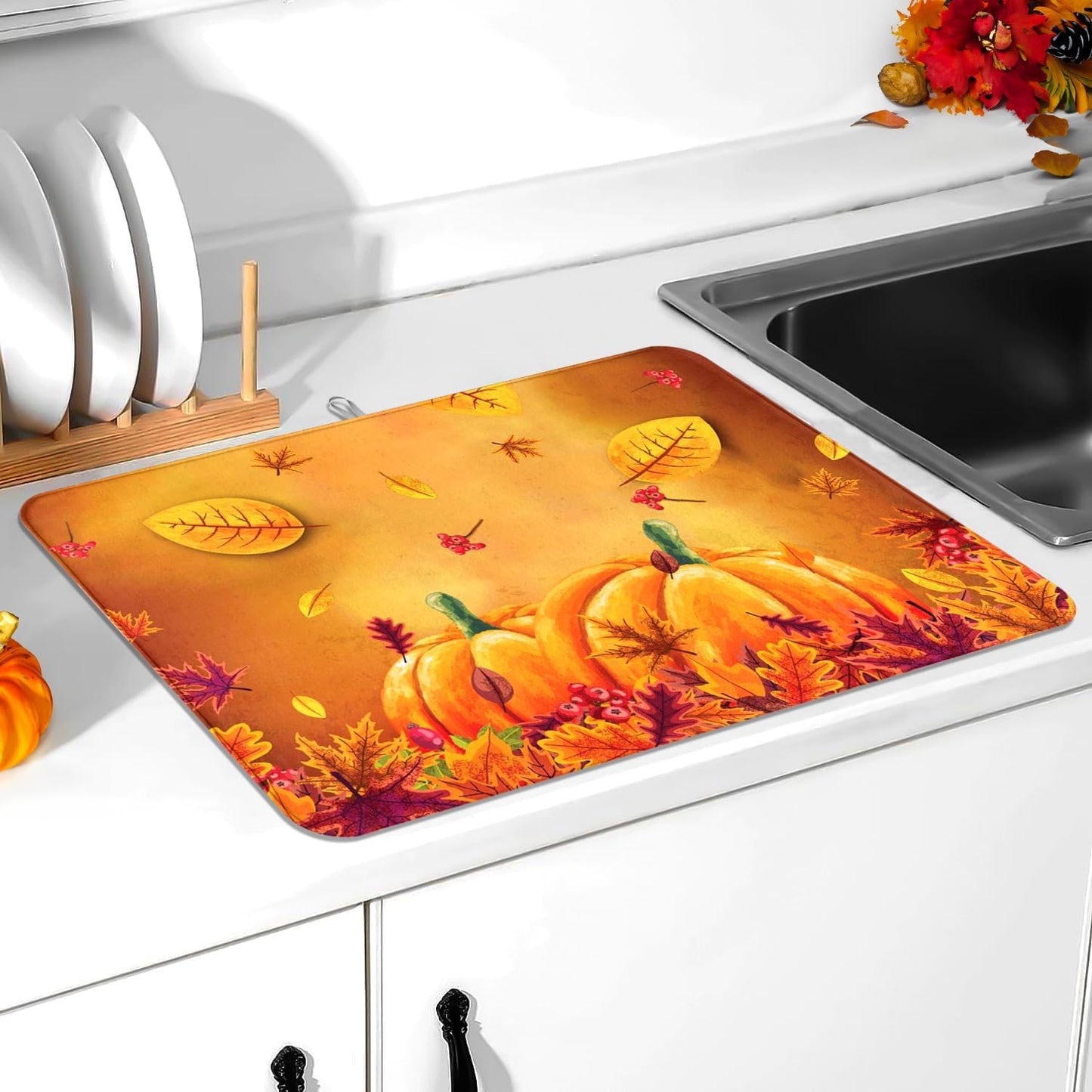Autumn Fall Dish Drying Mat Harvest Pumpkin Maple Leaf 18 X 24 Inch For Kitchen Counter Reversible Dish Drying Pad Water Absorbing And Drying Mat For Kitchen Coffee Bar Decoration