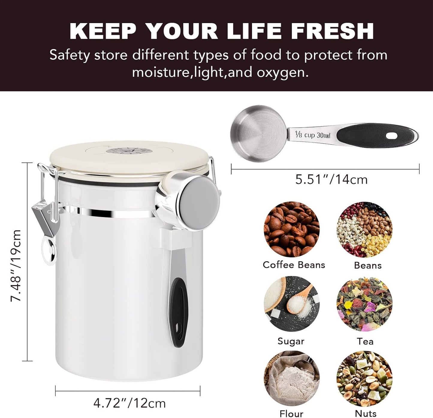 ShanSon Coffee Canister Airtight Coffee Container Stainless Steel Coffee Bean Storage Container with Scoop Coffee Canister for Beans Grounds Sugar Flour Tea Cereal,22OZ,Off-White